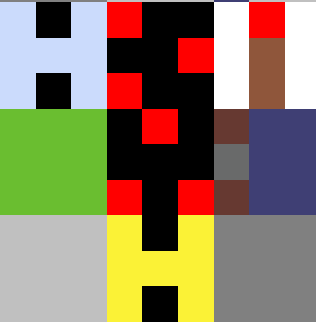 Blue H is hopper minecart, 3 red dots are the comparators, yellow h is the hopper with 46 items in it, the torch should be obvious since it's 2 brown pixels and a red one on top, the piston is the alternating brown and grey pixels with navy blue, and the holding block is the green square.