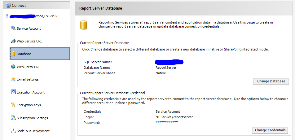 Reporting Services Configuration Manager Database page