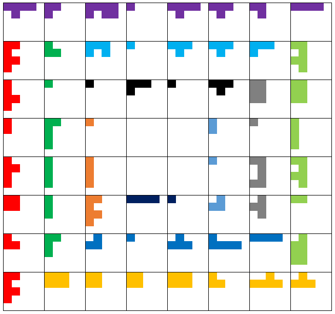 Symbol runs assembled into an 8x8 grid