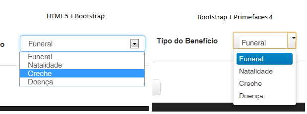 Comparação entre bootstrap e primefaces