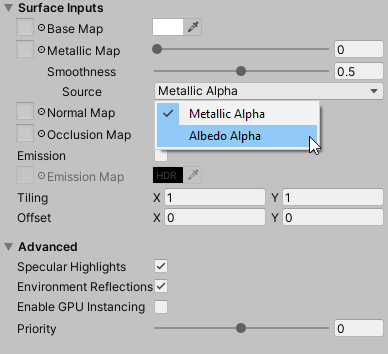 URP material inspector showing smoothness source drop-down