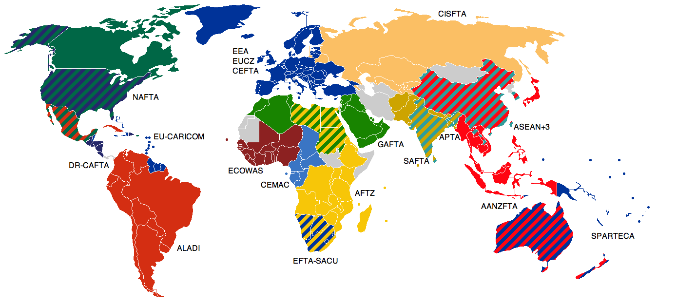 Map of free trade zones, countires in more than one zone are striped