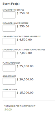 Example of blank event fee form