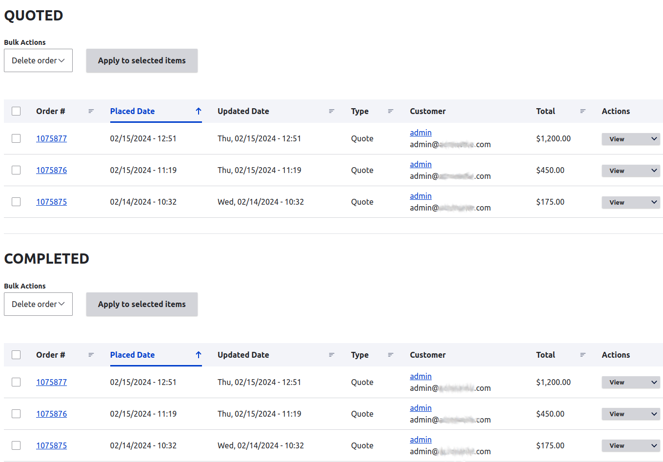 screenshot from CMS admin Order page showing Quoted and Completed orders.