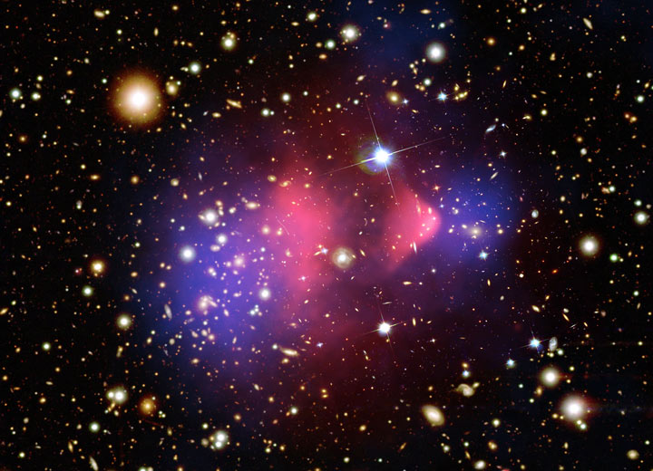 dark matter (blue) separated from luminous matter (red).