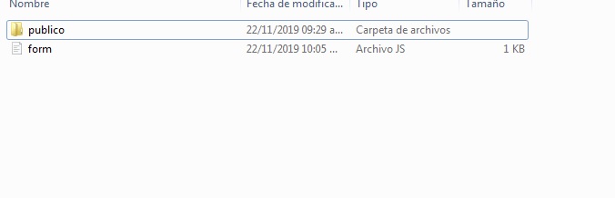 directorio de mi proyecto (dentro de la carpeta public se encuentra el .html, .css, imágenes, etc. el form.js es el archivo node.js )