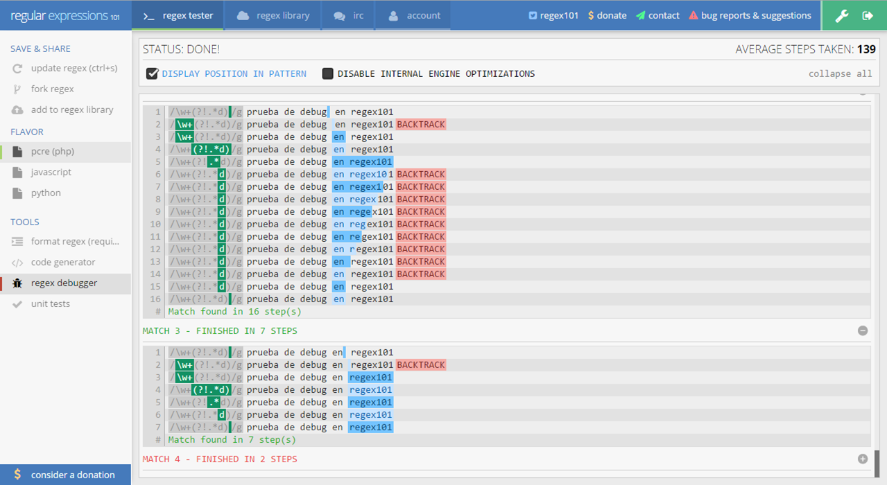 Captura de la web de regex101.com