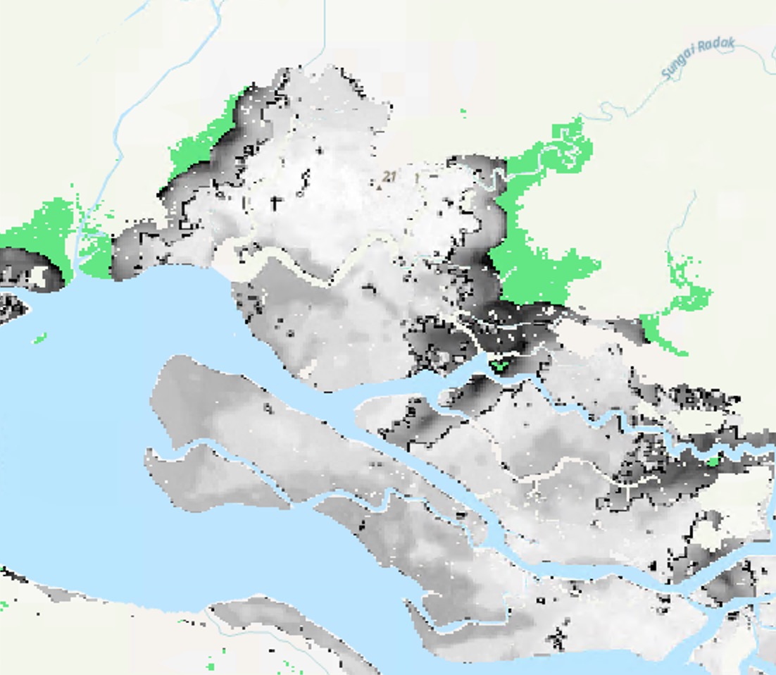 I am trying to fill the green areas with data from the grayscale raster, but some of these green areas had no cells with data within the circular neighborhood and so remain NoData in the grayscale raster even after applying the focal statistics expression.