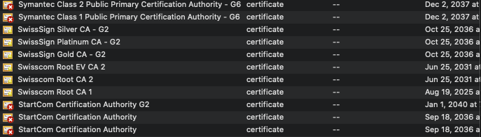 Snapshot of my keychain after manually diabling two notorious CA