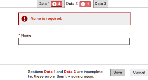 Multiple tab sections have errors, and one is expanded showing its error