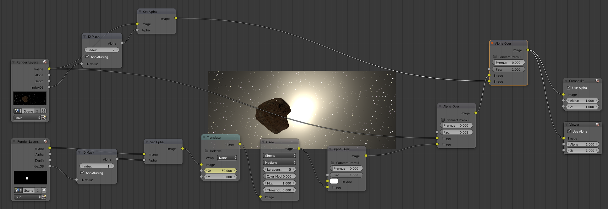 Glare Node setup and rendered frame