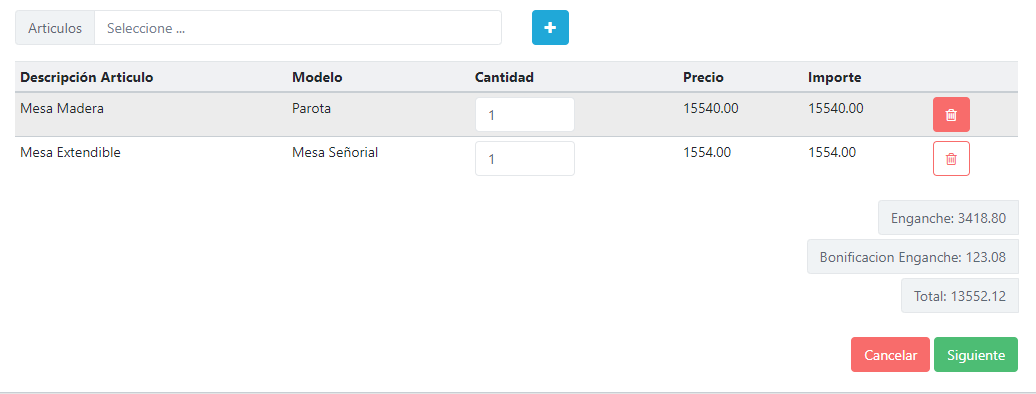 Tabla que se llena con los artículos que se seleccionan