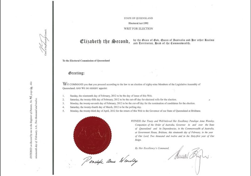 Writ of election for the Queensland Legislative Assembly