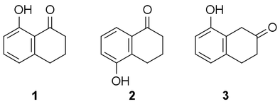 1: 8-hydroxy-1,2,3,4-tetrahydronaphthalen-1-one; 2:  5-hydroxy-1,2,3,4-tetrahydronaphthalen-1-one; 3: 8-hydroxy-1,2,3,4-tetrahydronaphthalen-2-one