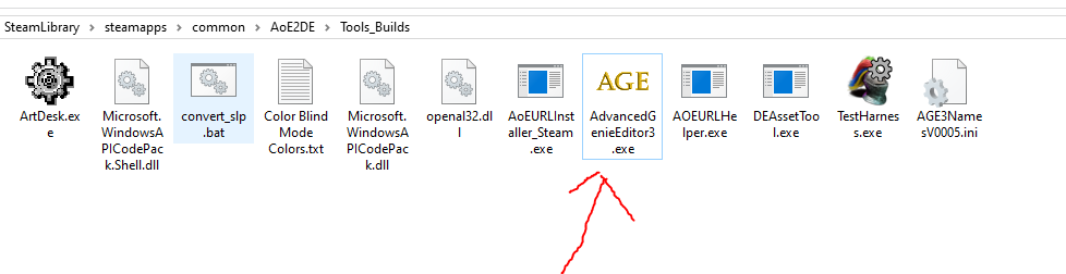 SteamLibrary > steamapps > common AoE2DE > Tools_Builds > AdvancedGenieEditor3.exe