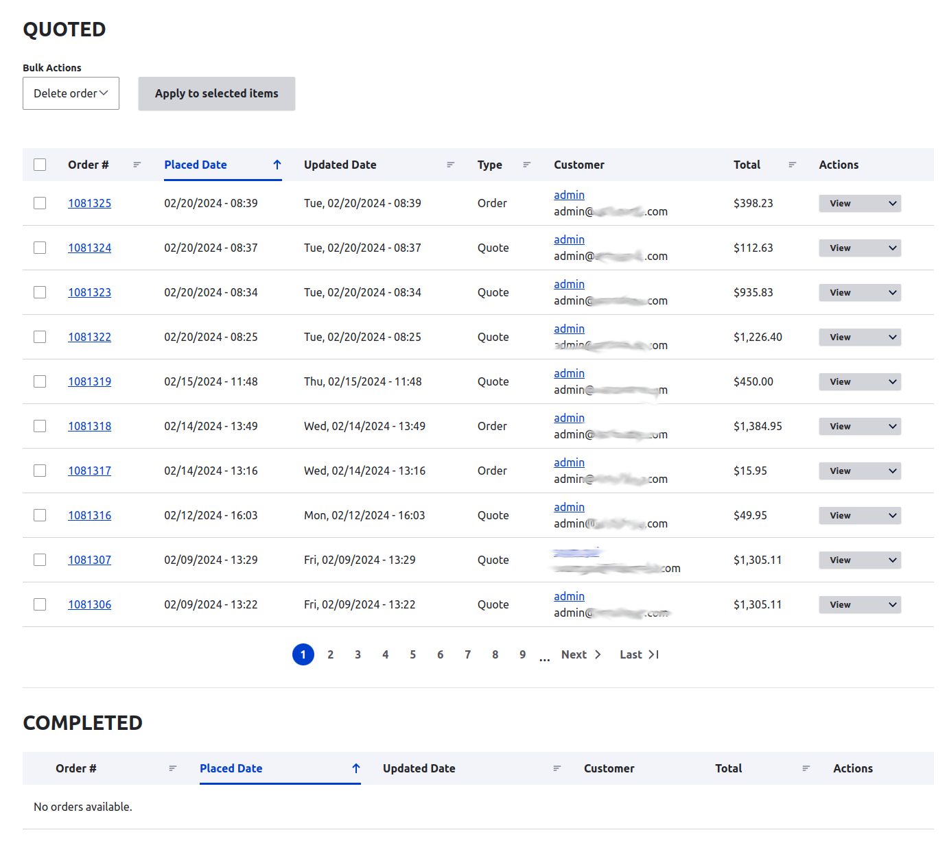 screenshot from CMS admin Order page showing Quoted and Completed orders, but all orders show under Quoted for some reason.