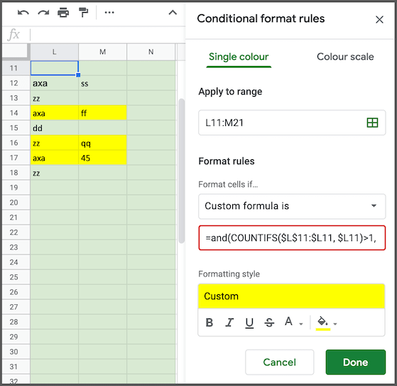 Conditional formatting duplicates except first when next column not empty