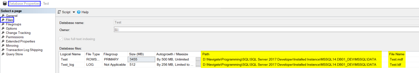 Database File Properties Example