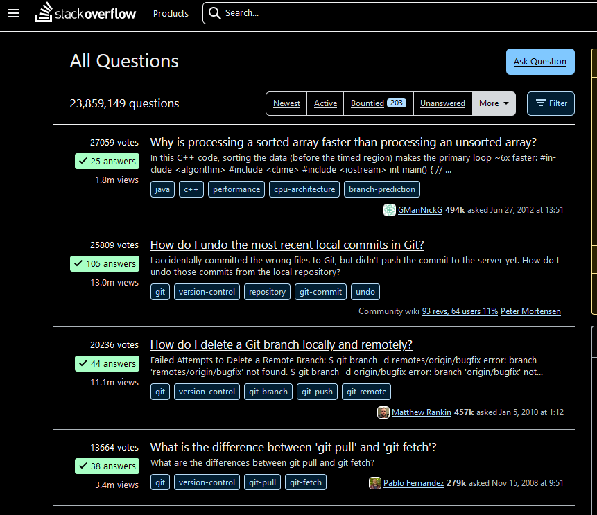 High contrast dark mode with the second of four questions selected. The black highlight on black background is impossible to see.