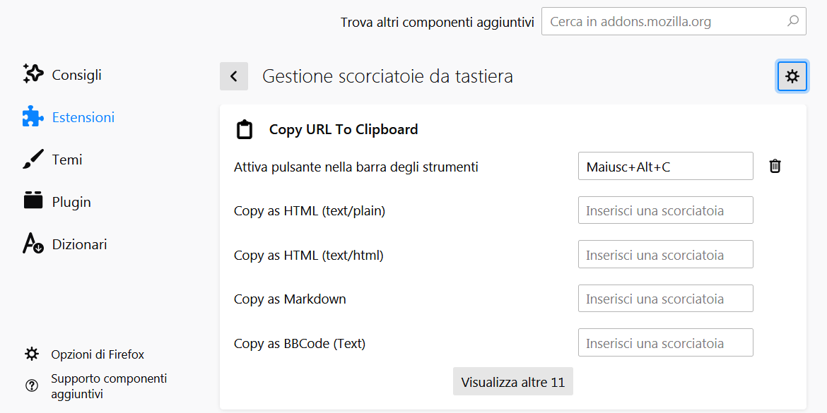 Example Copy URL To Clipboard Firefox addon keyboard shortcuts