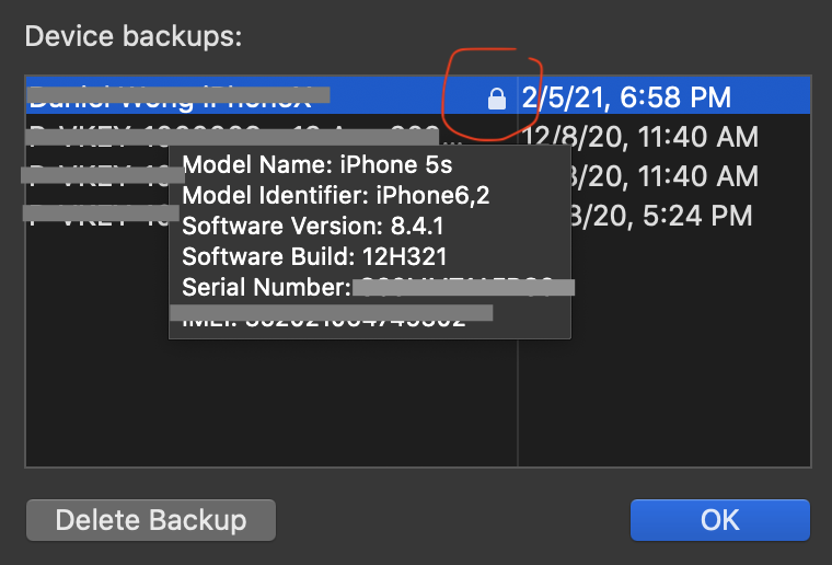 screenshot of "Manage Backups"