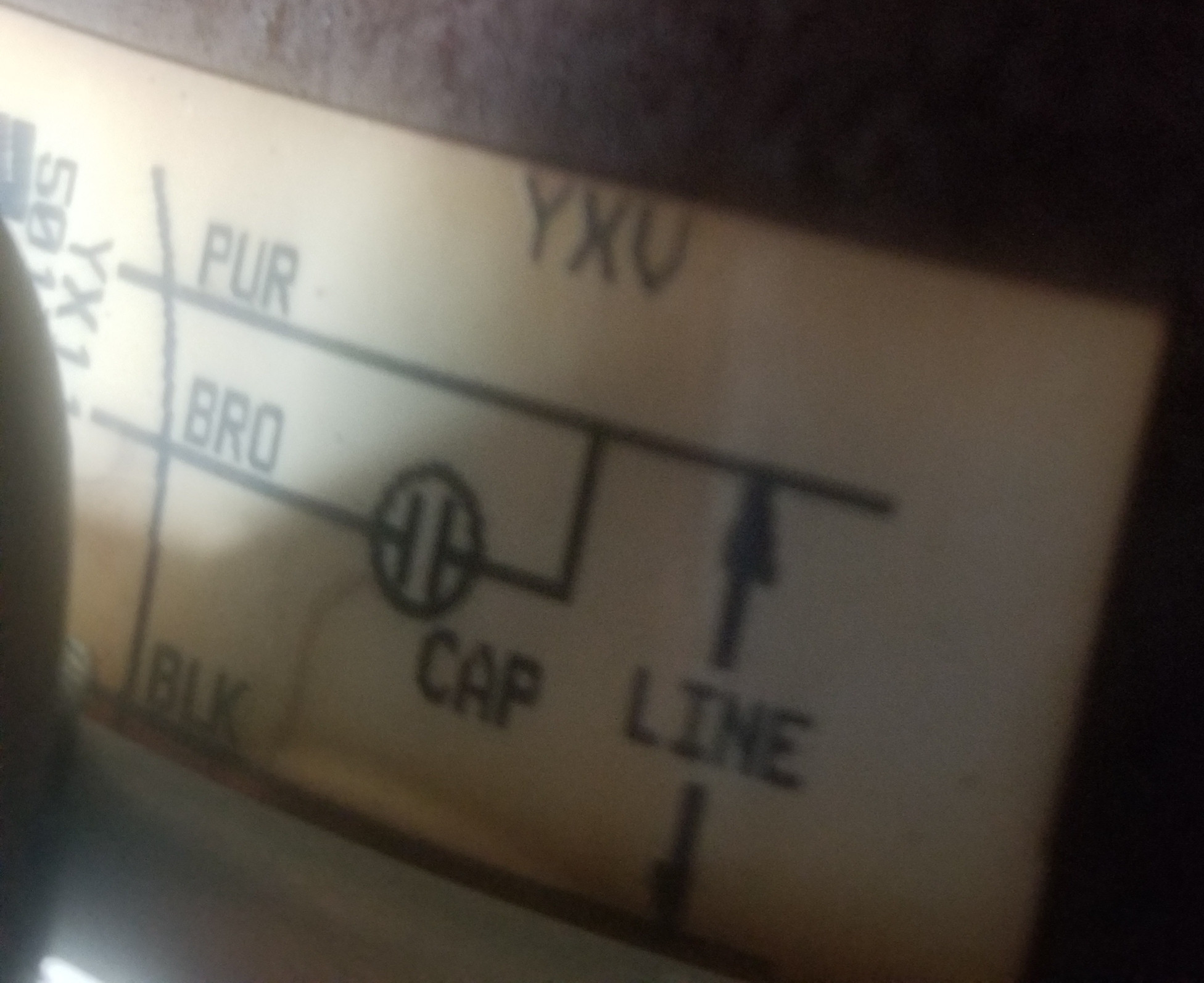 Wiring schematic showing purple and black wires as LINE and brown wire to CAP