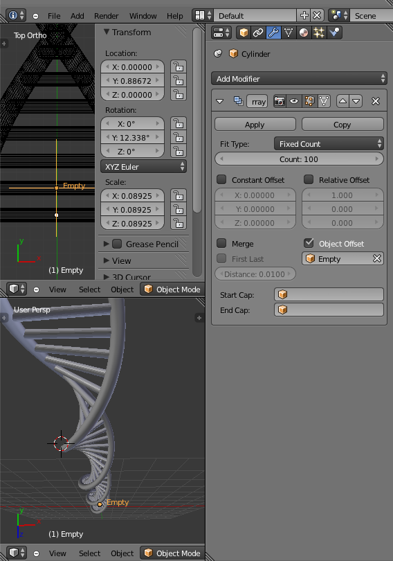 Array modifier with object offset to create a dna helix