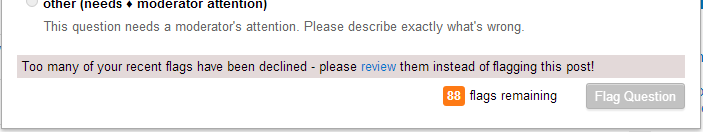 Too many of your recent flags have been declined - please review them instead of flagging this post!