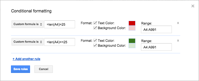 Screenshot of the conditional formatting dialog with instructions on how to conditionally format strings that are longer than X characters