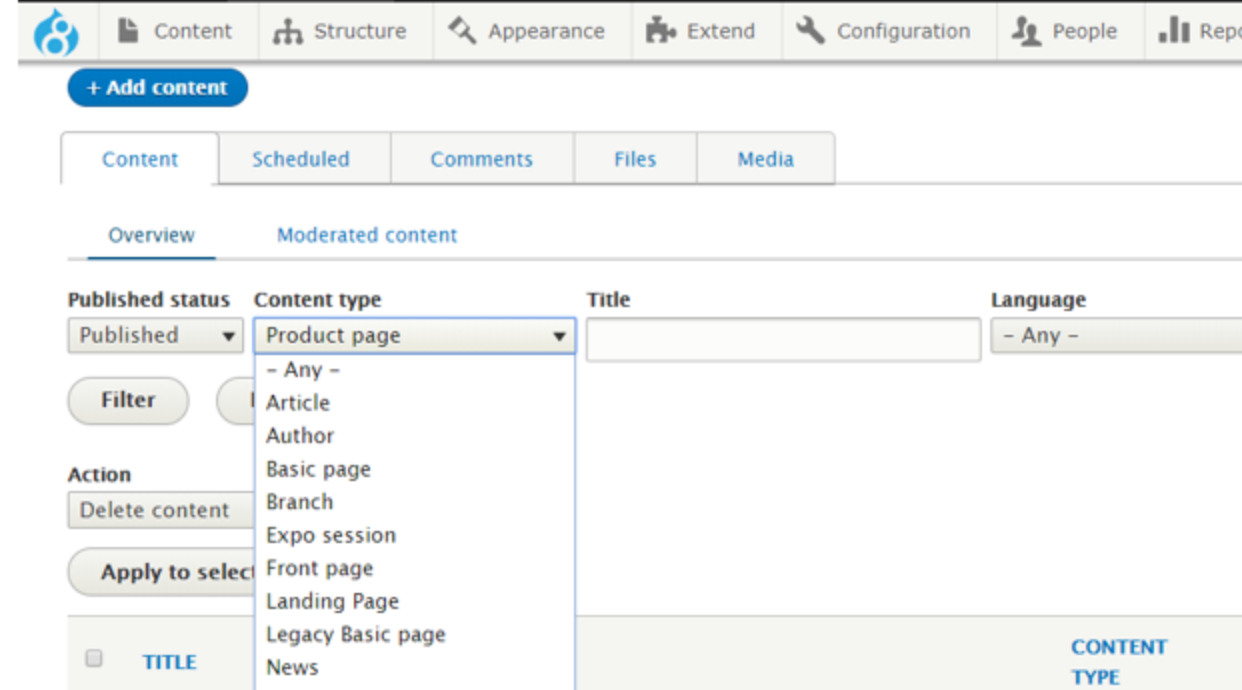 Clip from the content list admin page, showing the Content type field drop list