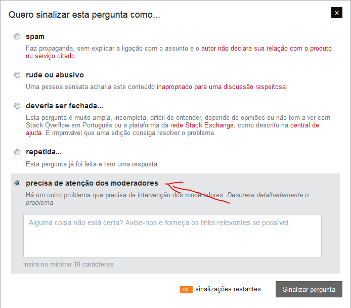 Screenshot do modal de sinalização, com destaque para a opção que permite descrição textual personalizada