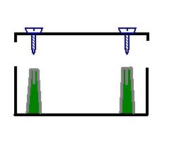 Diagram of a cross-section of a box with a lid. The bottom has two molded-in posts (colored in green), and the lid has two screws lined up with the posts.