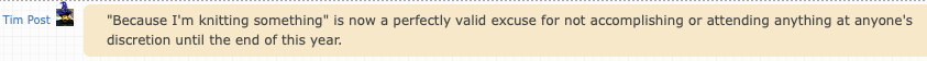 chat transcript saying that using our knitting tool is a perfectly good excuse for not accomplishing anything