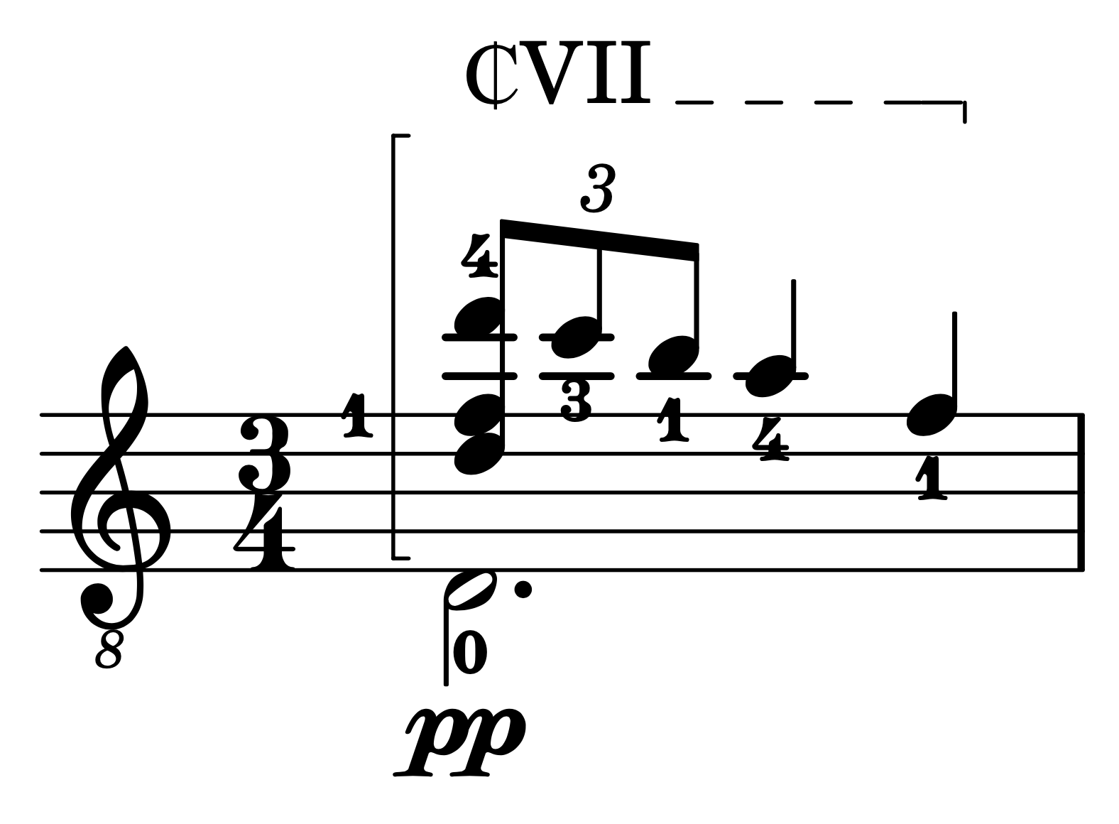 Example of guitar music showing a vertical bracket (from G upward) with a dashed line above marked “₵VII”.