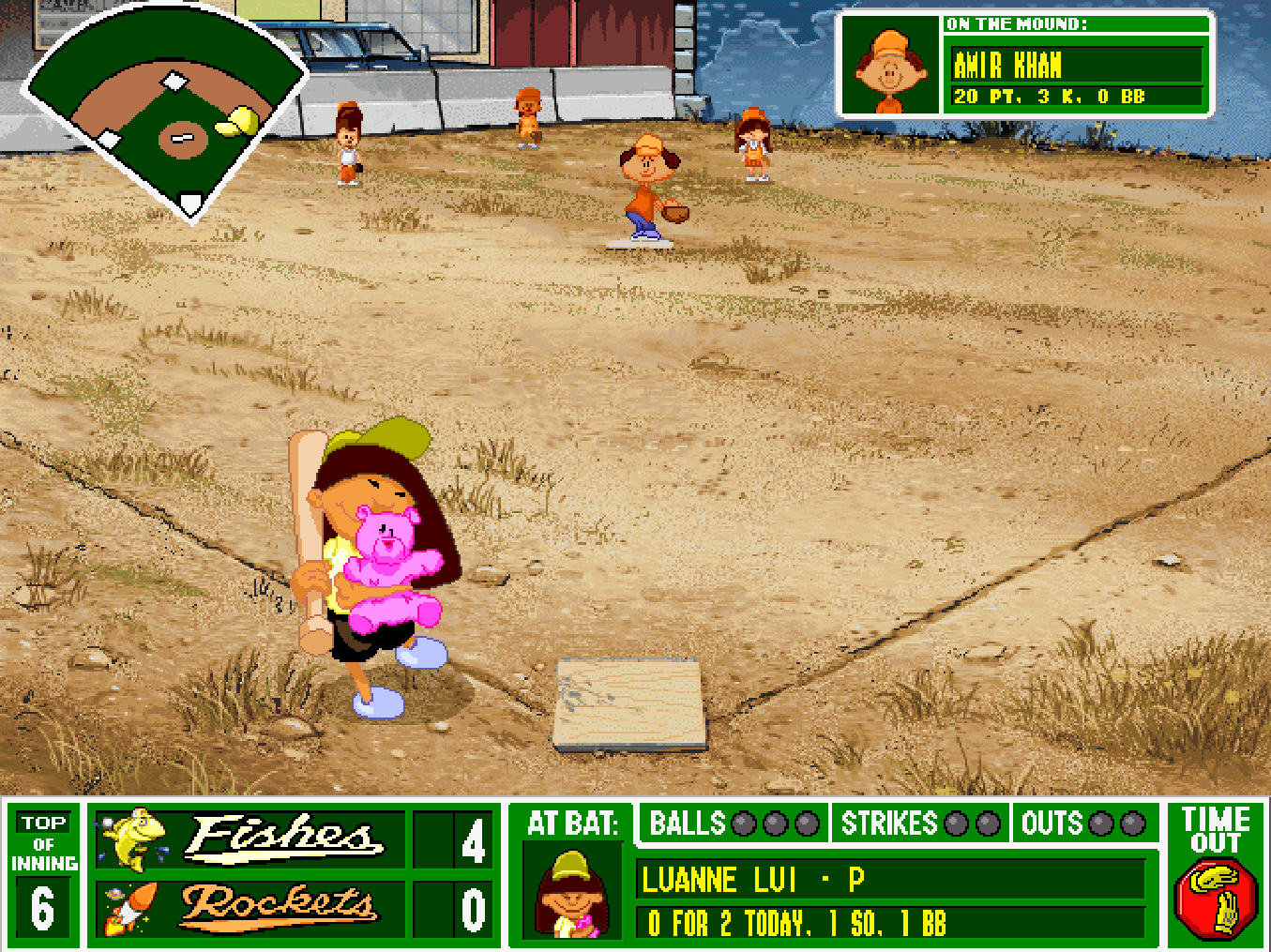 Luanne Lui gives her pink teddy bear a hug as she steps up to bat in Backyard Baseball (1997). Amir Khan waits on the pitcher's mound.