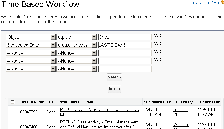 Screenshot of Time-Based Workflow search screen