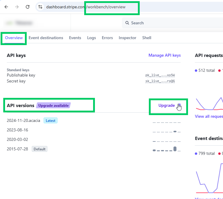 showing the user interface at the URL https://dashboard.stripe.com/workbench/overview which contains a section for "API keys" and API version upgrades