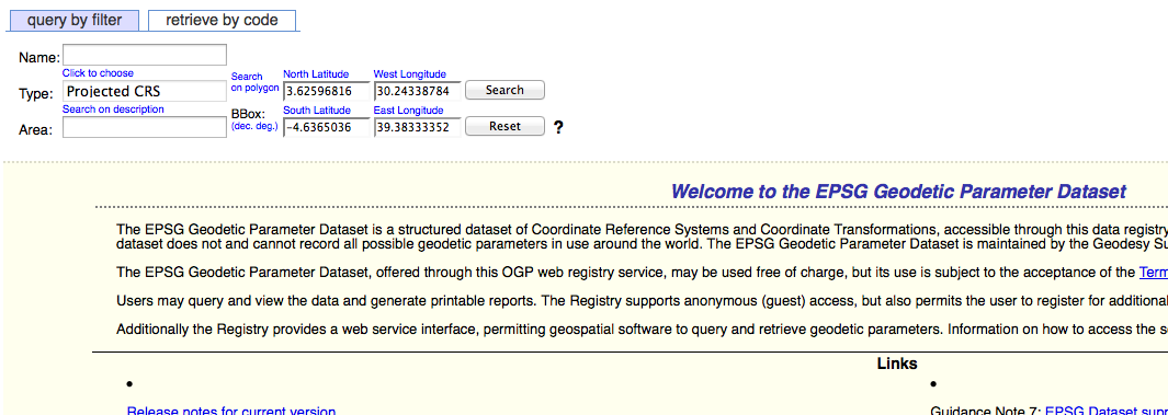 EPSG Godetic Parameter Dataset screenshot