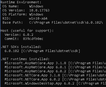 dotnet --info from cmd