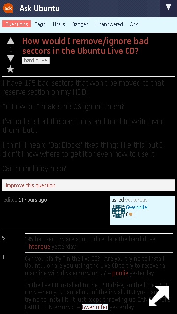 A question on askubuntu.com website, as seen from a Nokia 5530