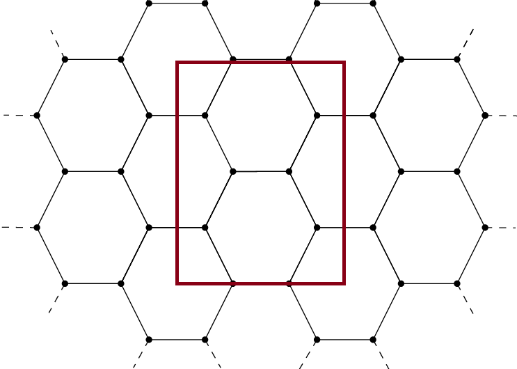 A rectangle overlaid on a hex grid, with the rectangle corners aligned with hexagon centers