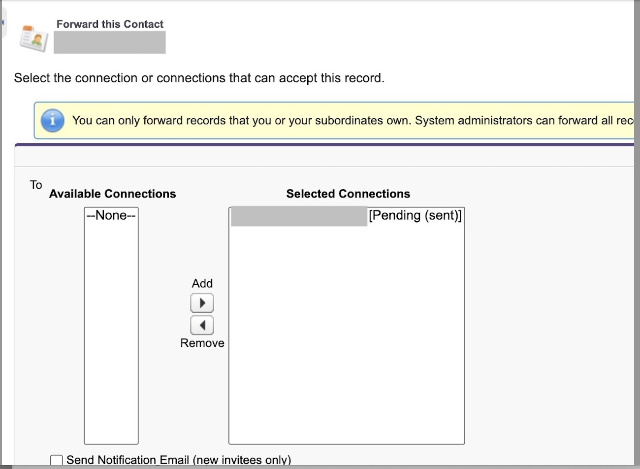 A screenshot showing that when forwarding a contact, the selected connection is in "Pending (sent)" state