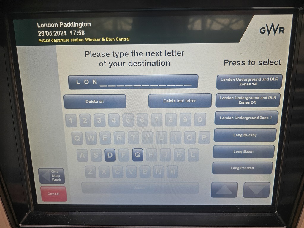 Destination finding screen of GWR TVM