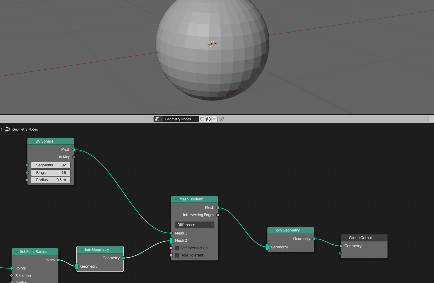 Yet when I connect them like this (which is how I think they should be connected in order to achieve a subtraction of the points from the sphere) the points disappear entirely (as expected) but the sphere surface remains perfectly unblemished.