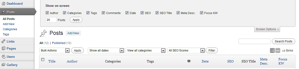 WordPress - Screen Options - List Posts