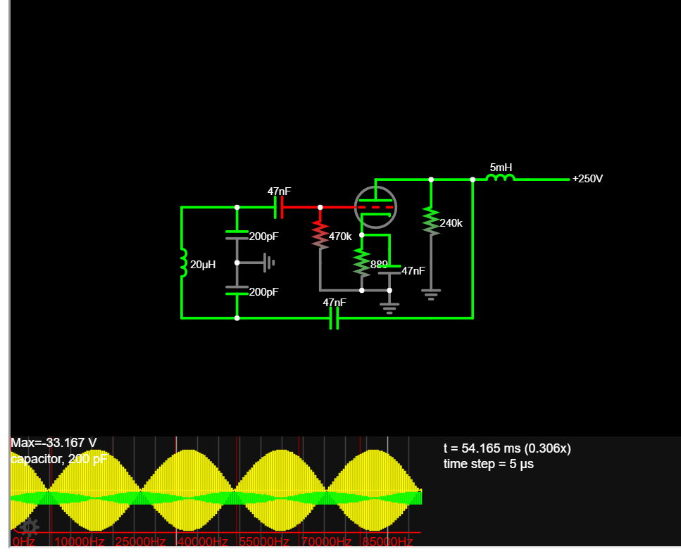 The oscilloscope is connected across the bottom 200pF capacitor