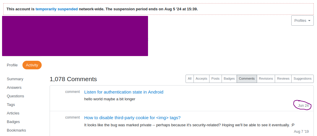 Screenshot of an anonymized suspended user's profile. The date "Jun 24" on a comment is circled.