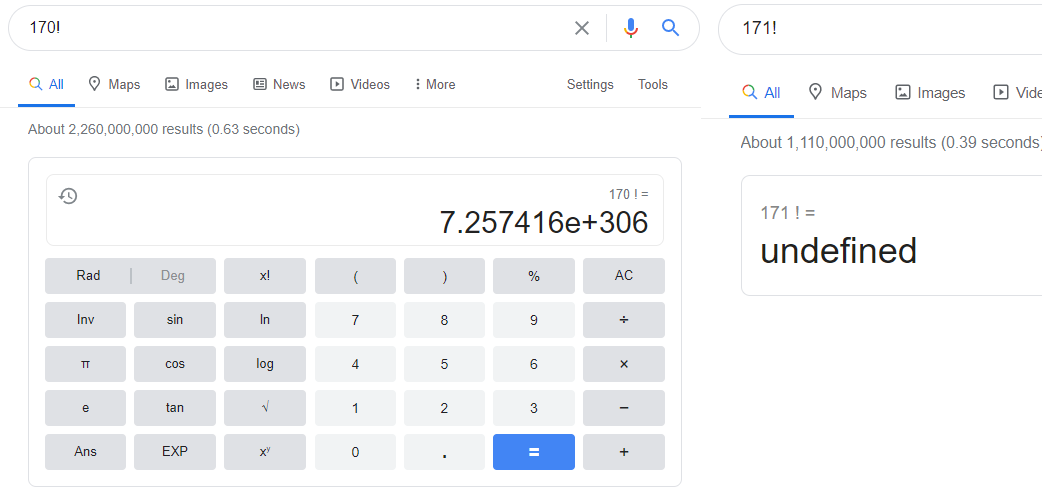 O Google calcula o Fatorial de 170 porém exibe Undefined para 171!