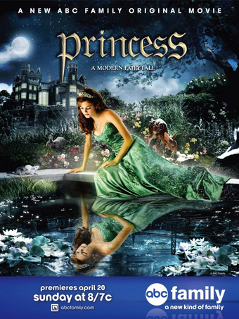 movie poster, princess in green dress lookinng at her reflection in the water