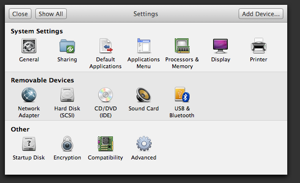 Virtual Machine settings